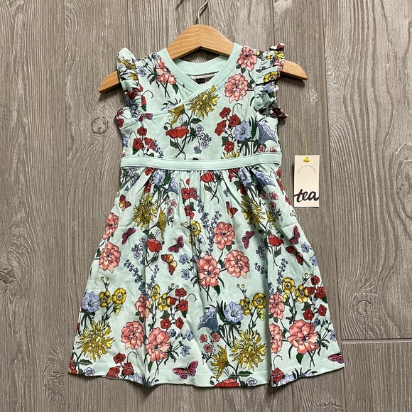 Tea Collection Other - TEA COLLECTION Wrap Neck Short Sleeve Lt Blue Intricate Floral Dress NWT Sz 2 2T